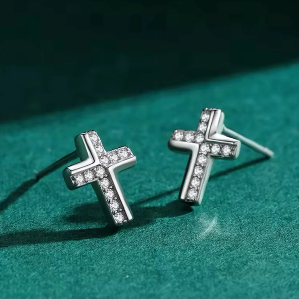 NEW SIMULATED DIAMOND CROSS STUD EARRINGS,‎ RELIGIOUS JEWELRY , MENS JEWELRY